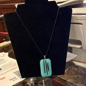 Turquoise color art glass with sterling silver 925 on clasp, Pendant Necklace